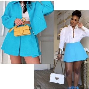 Zara bright sky blue tweed pleated mini skirt skort L bloggers fave NWOT